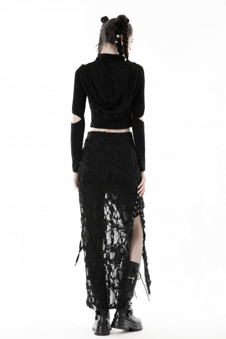 Raven Cross Eyelet Cut-Out Punk Crop Top with Ripped Hood for Women