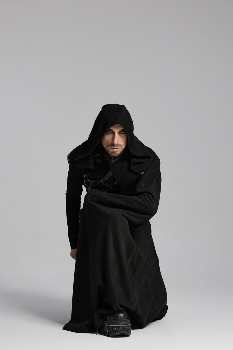 Men's Punk Cloak with Hooded Buckle-up Rivets Design