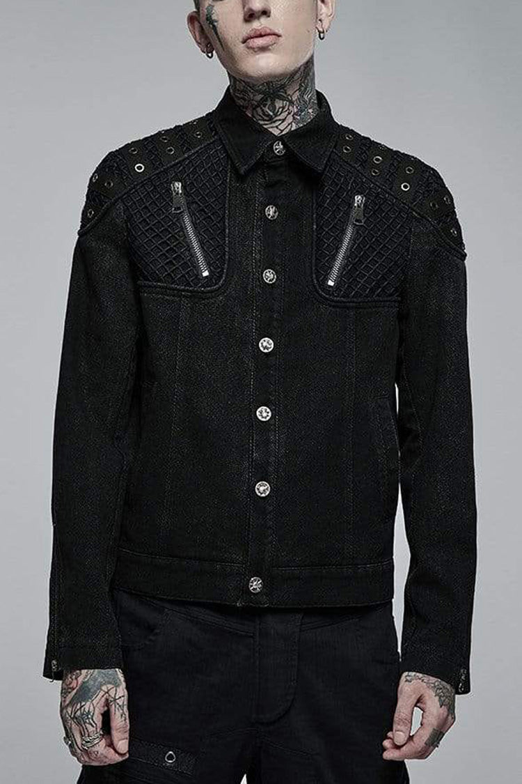 Aged Texture Mesh Panel Metal-Trimmed Punk Long Jacket