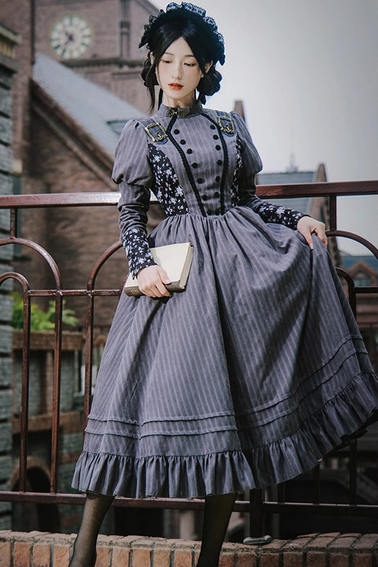 Gray Striped Long-Sleeved Classic Lolita Dress