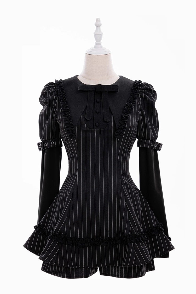 Black Long Sleeve Vertical Stripe Print Ruffled Bow Jirai Kei Witch Set