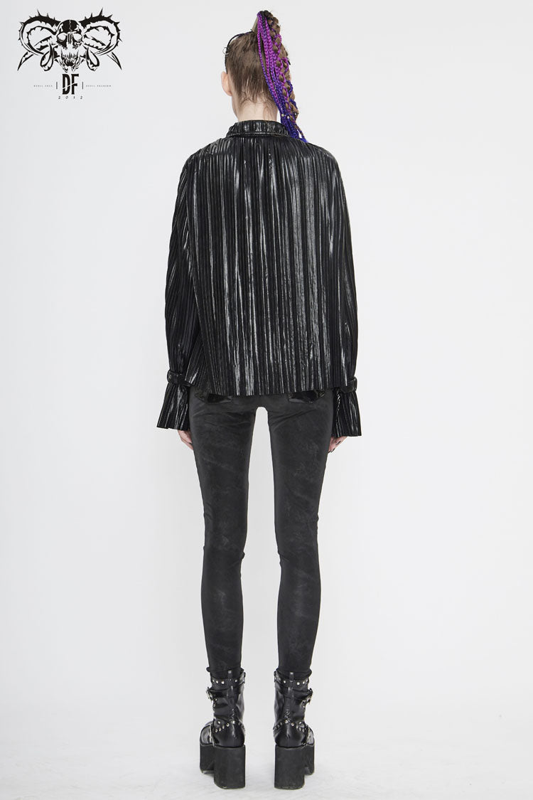 Edgy Studded Cuff Punk Blouse with Pleated Pointed Collar