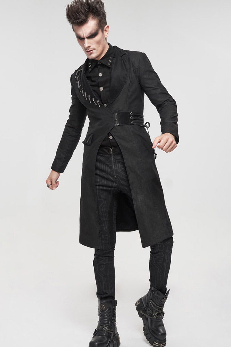 Twill Faux-Leather Pin-Decorated Drawstring Punk Overcoat