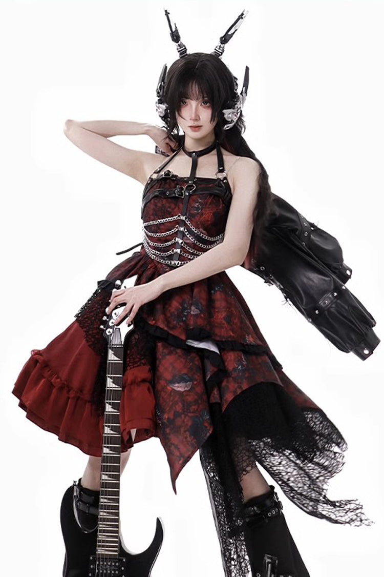 Crimson Bloody Strawberry Tears Print Sleeveless Frill Bow Lace Asymmetrical Gothic Lolita JSK