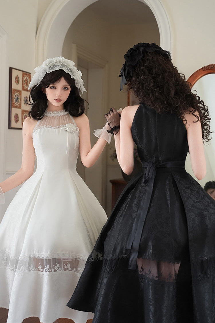 Snow Off Shoulder Halterneck Printed Ruffle Gothic Elegant Dress - Flowers in the Mist