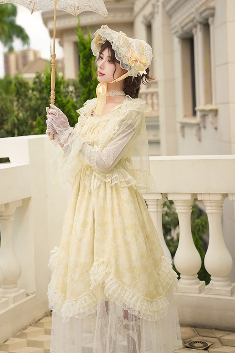 Golden Square Collar Short Sleeve Printed Ruffle Lace Sweet Elegant Long Gown - Falling Flowers as a Message