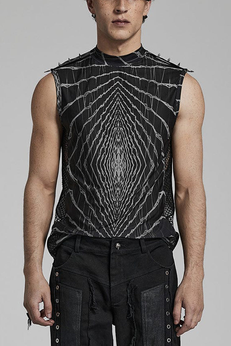 Steampunk T-Shirt with Halo Print, Sleeveless, Mesh and Rivets, 2 Colors
