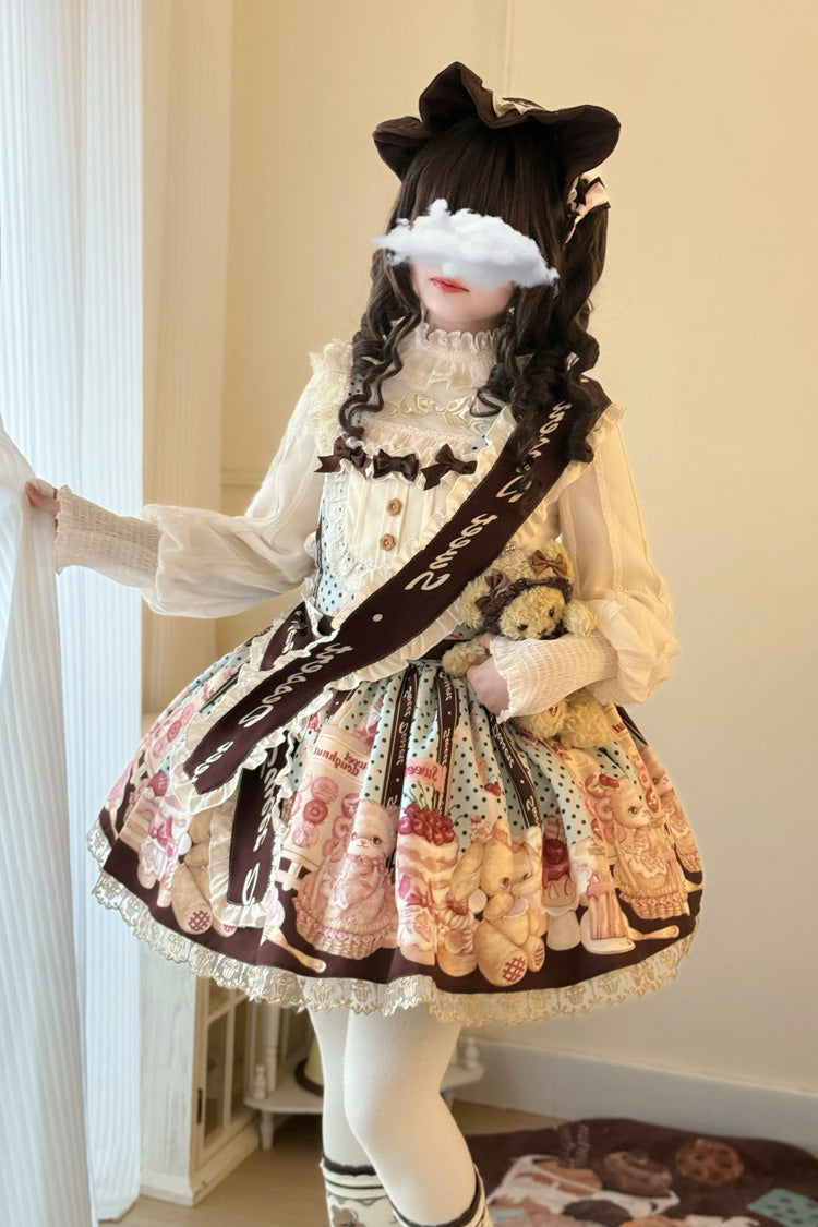 Multi-Color Cat Chocolate Patisserie Sleeveless Printed Ruffled Bow Lace Sweet Strap Dress