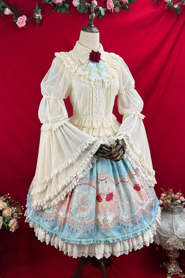 Blue Moonlit Garden Print Ruffle Lace Sweet Palace Lolita Skirt