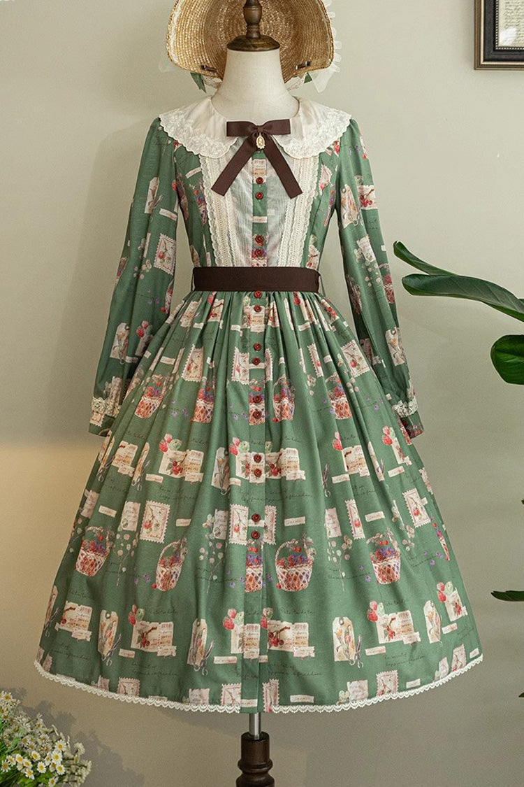 Lantern Sleeve OP Dress with Floral Print - Sweet Lolita