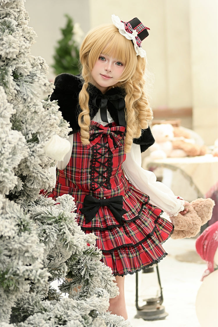 Red Velvet Cake Triple-Layered Printed Ruffled Bow Lace-Up Gothic Elegant Jsk Dress