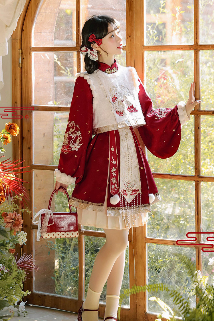 Scarlet The Horse of the New Spring Stand Collar Lantern Sleeve High-Waist Brocade Embroidered Women's Sweet Hanfu Dress Set