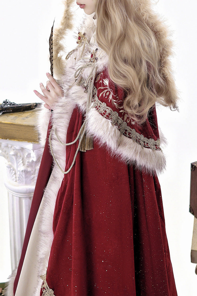 Crimson Royal Coronation Embroidered Luxurious European Court Lolita Dress with Cape Set
