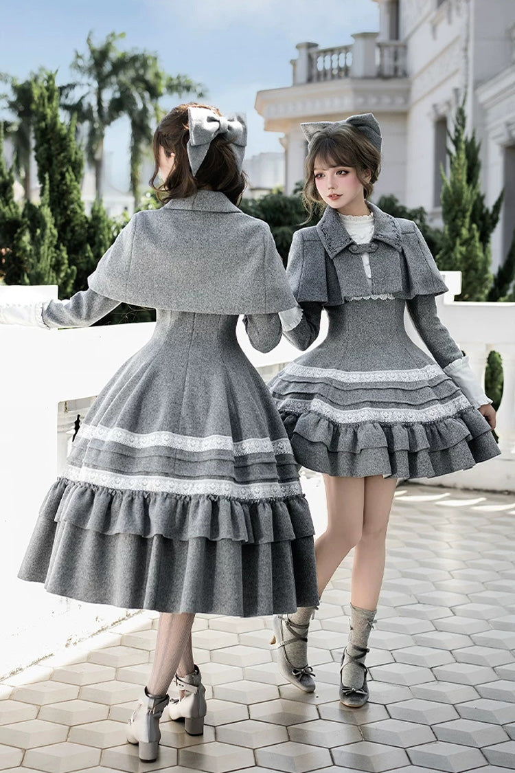 Ash Stand-Collar Ruffled Bow Lolita Gown with Poetry Motif