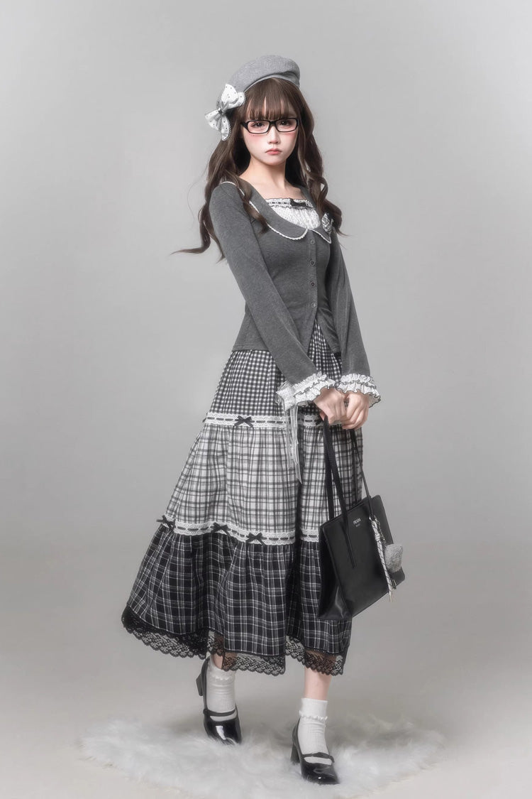 Sweet Lolita Skirt Set with Square Collar, Cut-Out Lace, Star Print, Grey
