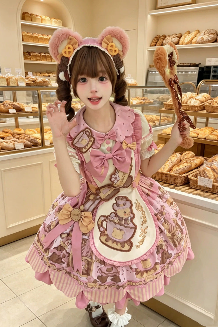 Teddy Bear Cookie Dessert Print Dress with Bow & Ruffles