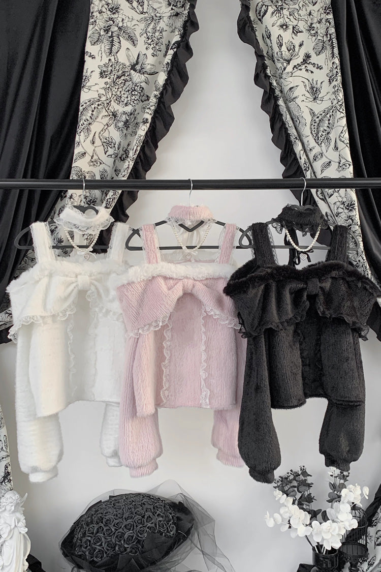 Off Shoulder Long Sleeves Lace Sweet Japanese Fleece-Lined Top