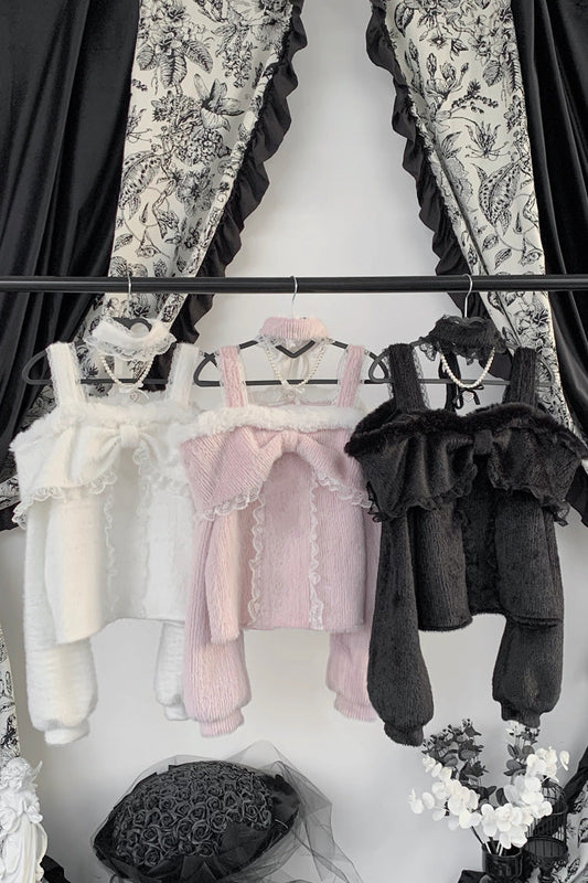 Off Shoulder Long Sleeves Lace Sweet Japanese Fleece-Lined Top