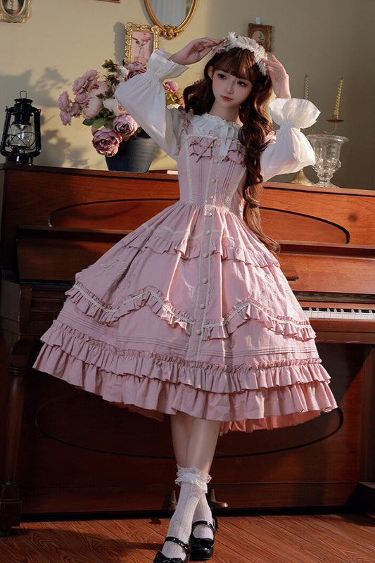 Pink Pastoral Double Ruffled Embroidery Sweet Lolita Jumper Dress