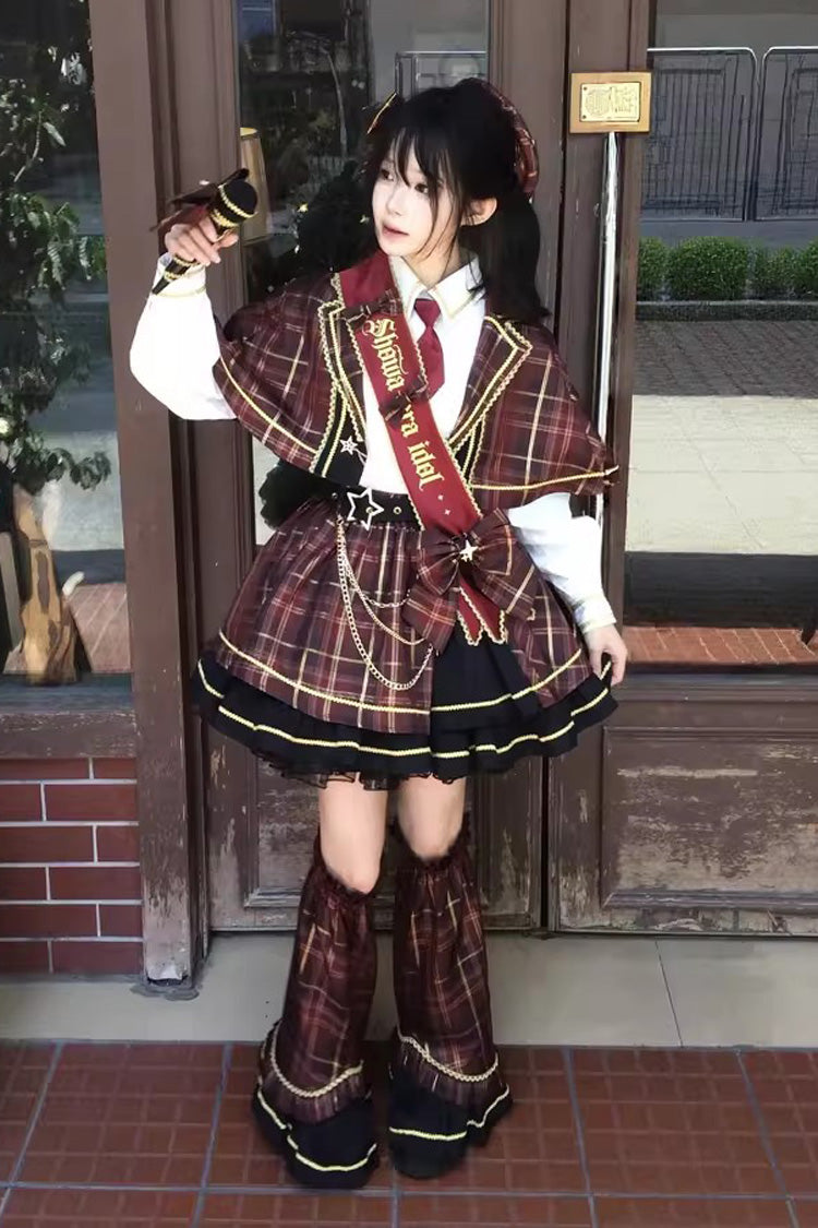 Crimson Showa Little Idol Notch Collar Long Sleeve Ruffled Open-Front Bow Asymmetric Classic Lolita Skirt Set