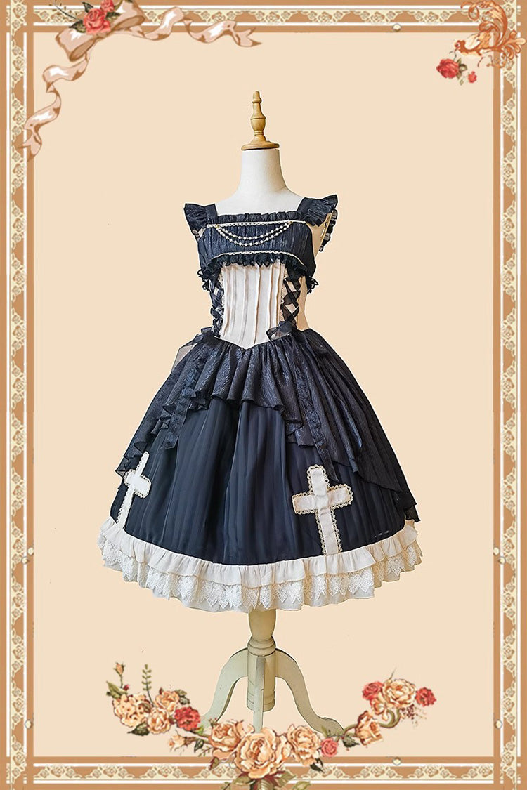 Black Gothic Lolita Dress with Cross Embroidery and Eternal Life Song Print