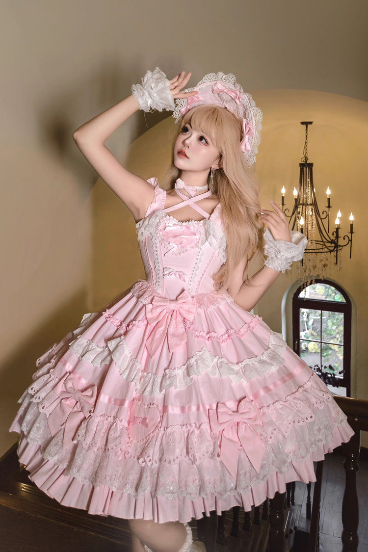 Blush Triple-Tier Ruffle Bow Elegant Lolita JSK - Super Cute Belia
