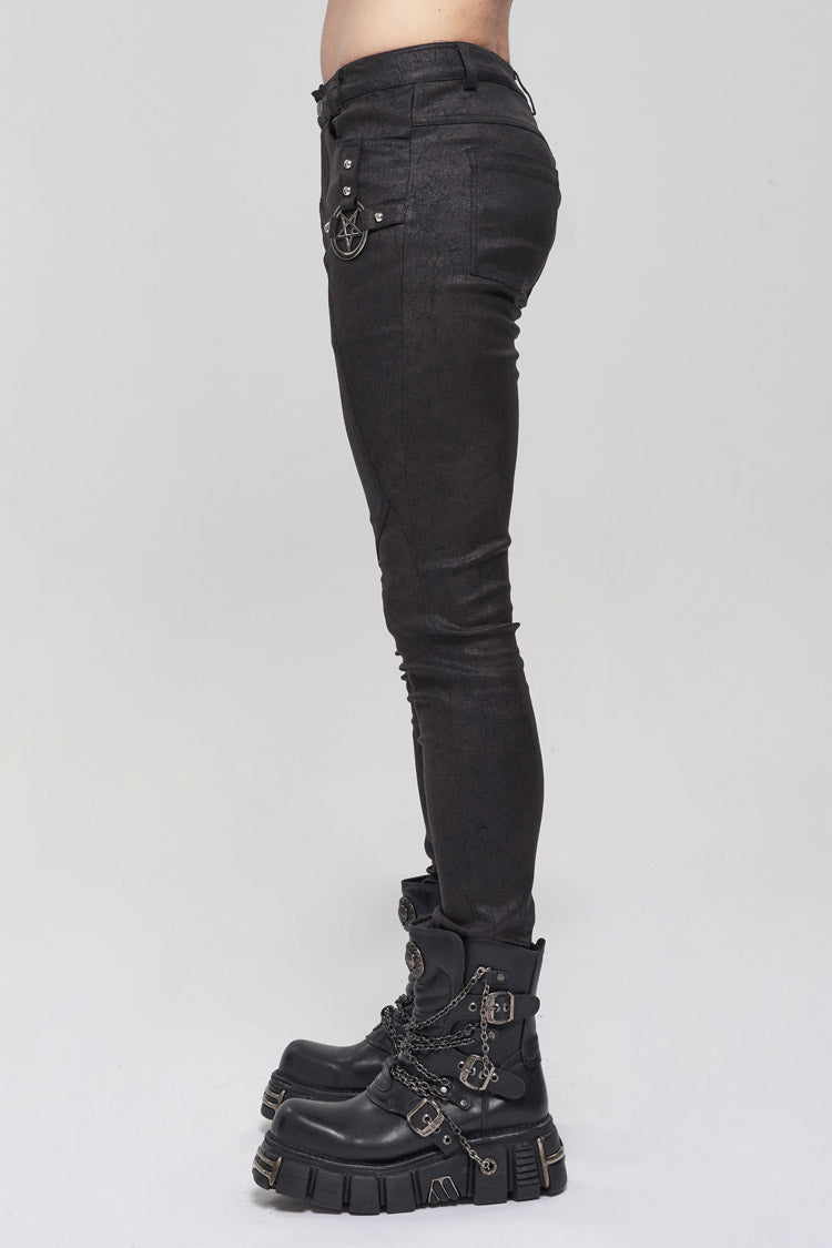Men's Punk Slim Pants with Metal Pentagram, Crackle Finish and Basic Funds