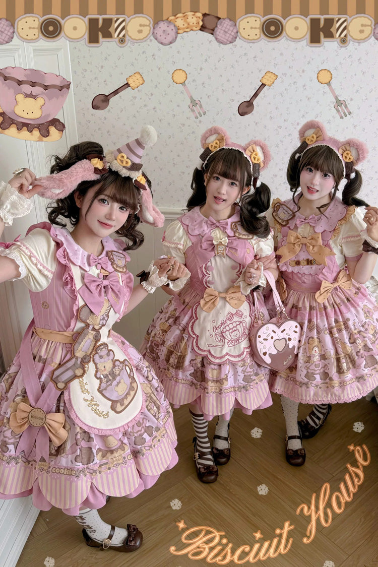 Teddy Bear Cookie Dessert Print Dress with Bow & Ruffles