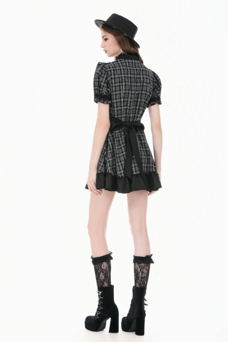 Monochrome Gothic Lolita Dress with Plaid, Stand Collar, and Lace-Up Front
