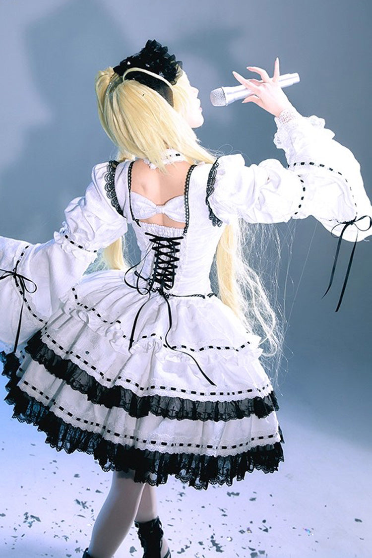 White Witch Long Sleeves Double-Layered Lace-Up Gothic Skirt Set