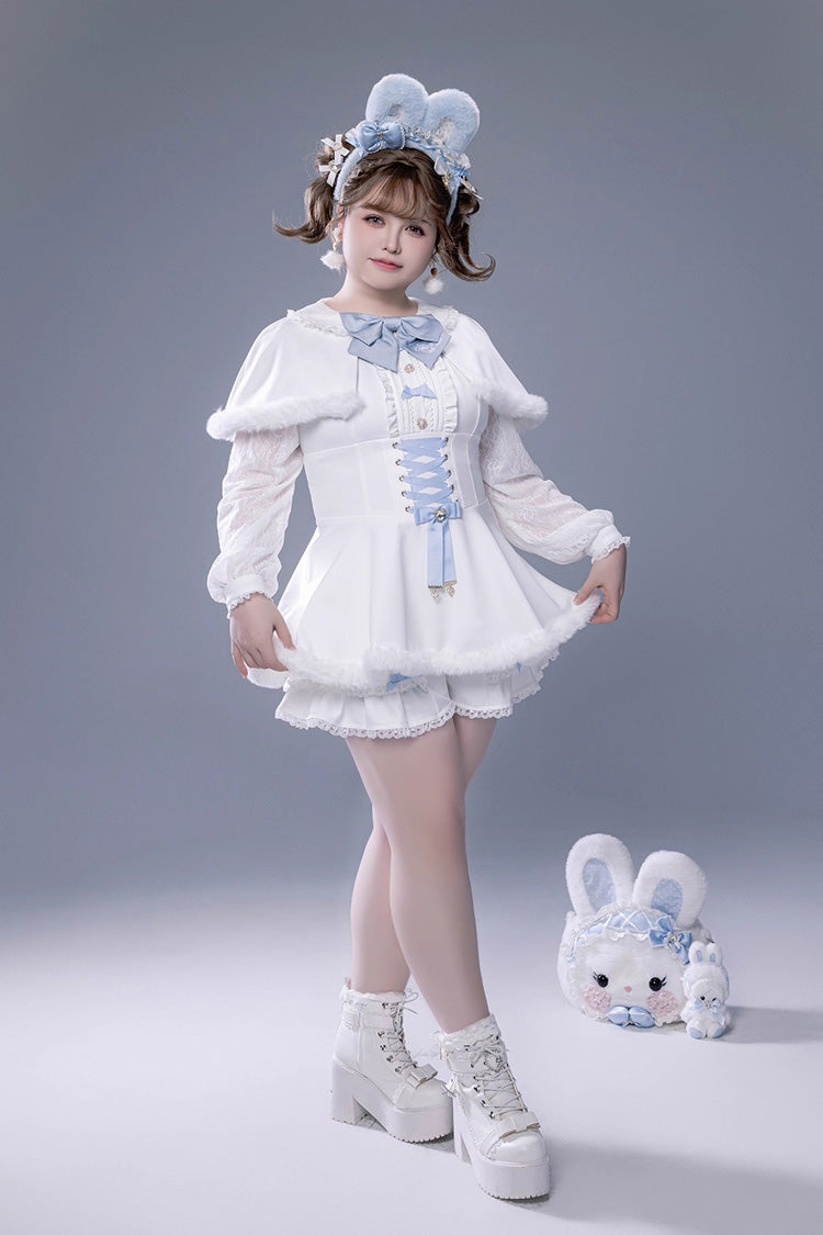 Ivory Ruffled Bow Lace-Up Japanese Dark Jirai Kei Plush Set