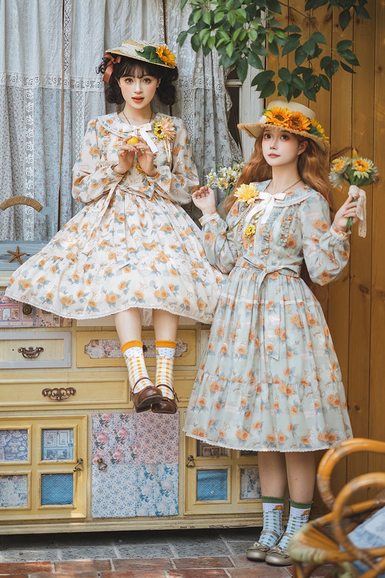 Green Sunflower Long Sleeve Floral Bow Elegant Lolita Dress