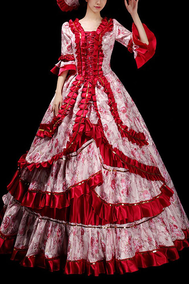 Floral Print Ruffled Multi-Layer Victorian Gown - Half Sleeves