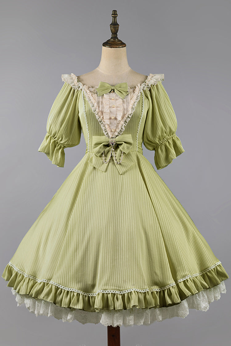 Solid Color Short-Sleeved Ruffled Bowknot Sweet OP