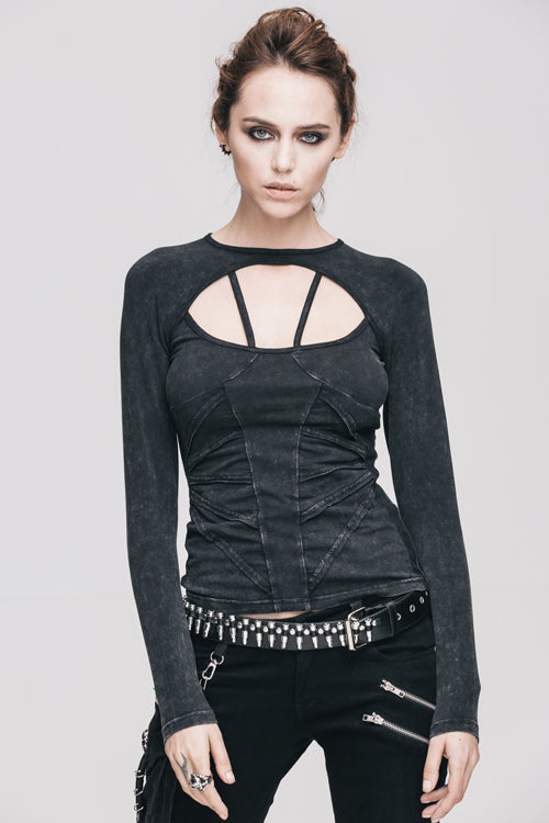 Women's Punk T-Shirt with Hollow Out Long Sleeves Straps Design