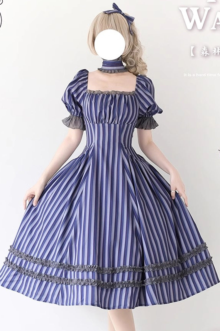 Botanical Print Ruffle-Trim Lace Summer Lolita Gown in Six Shades - Forest Basket