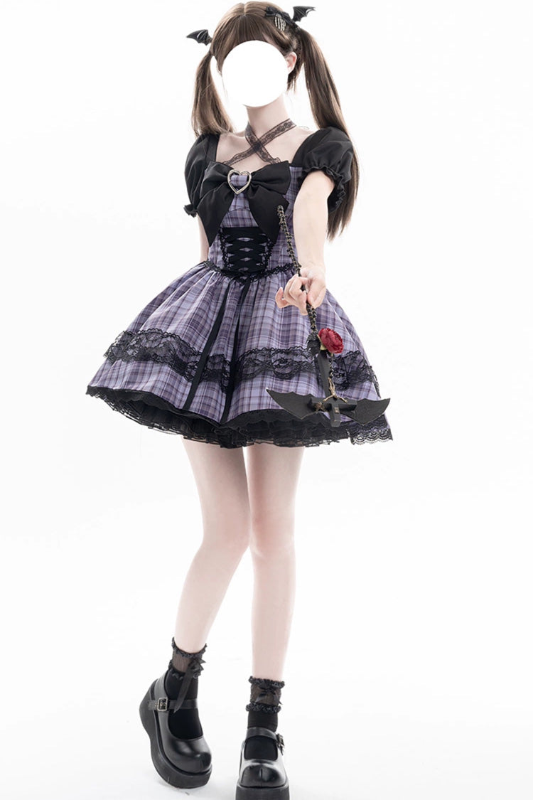 Purple Witch Time Short Puff Sleeves Plaid Print Bow Lace Sweet Dress