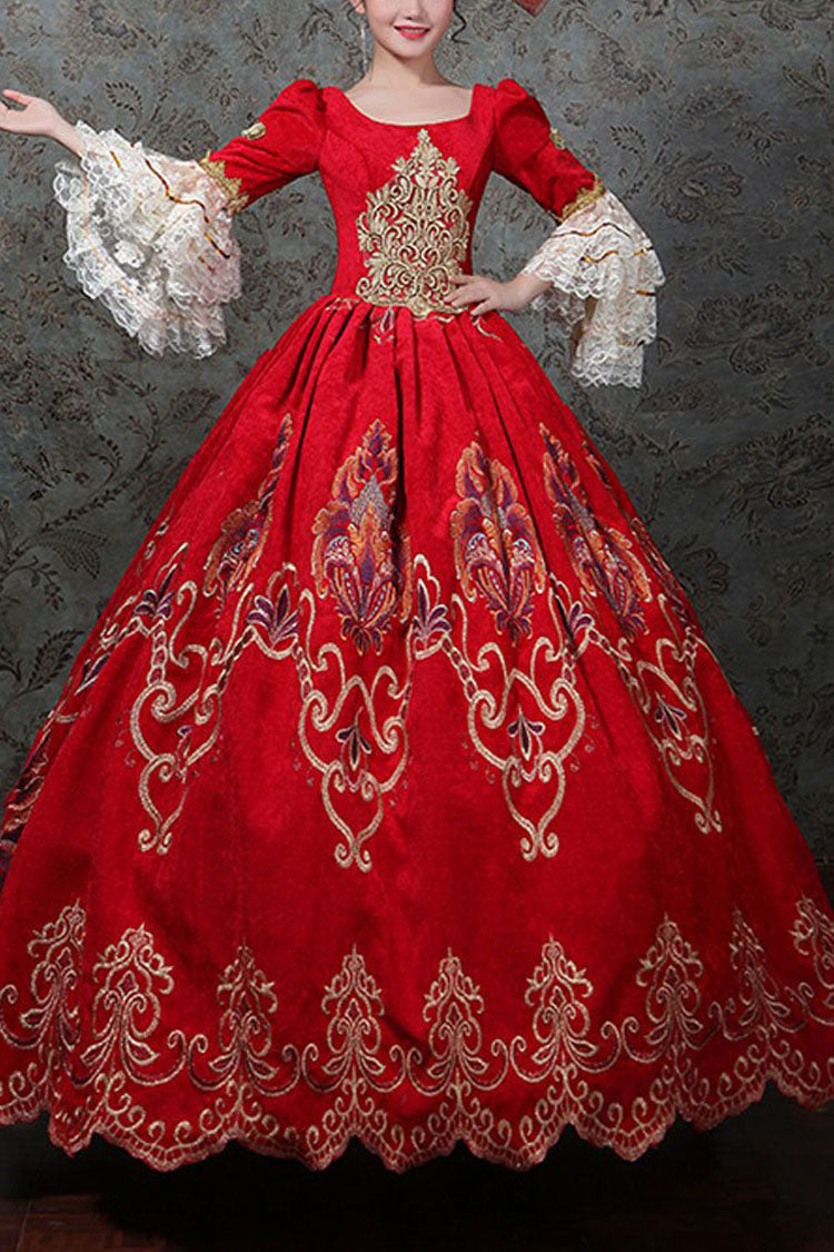 Red Victorian Gown with Bell Sleeves and Floral Embroidery - Altfashion Shop