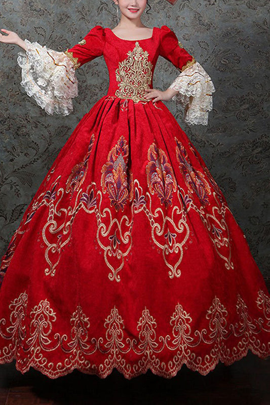 Red Victorian Gown with Bell Sleeves and Floral Embroidery - Altfashion Shop