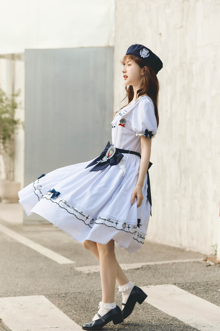 Navy Stripe Short Sleeve Ruffled Embroidery Sweet Lolita Dress