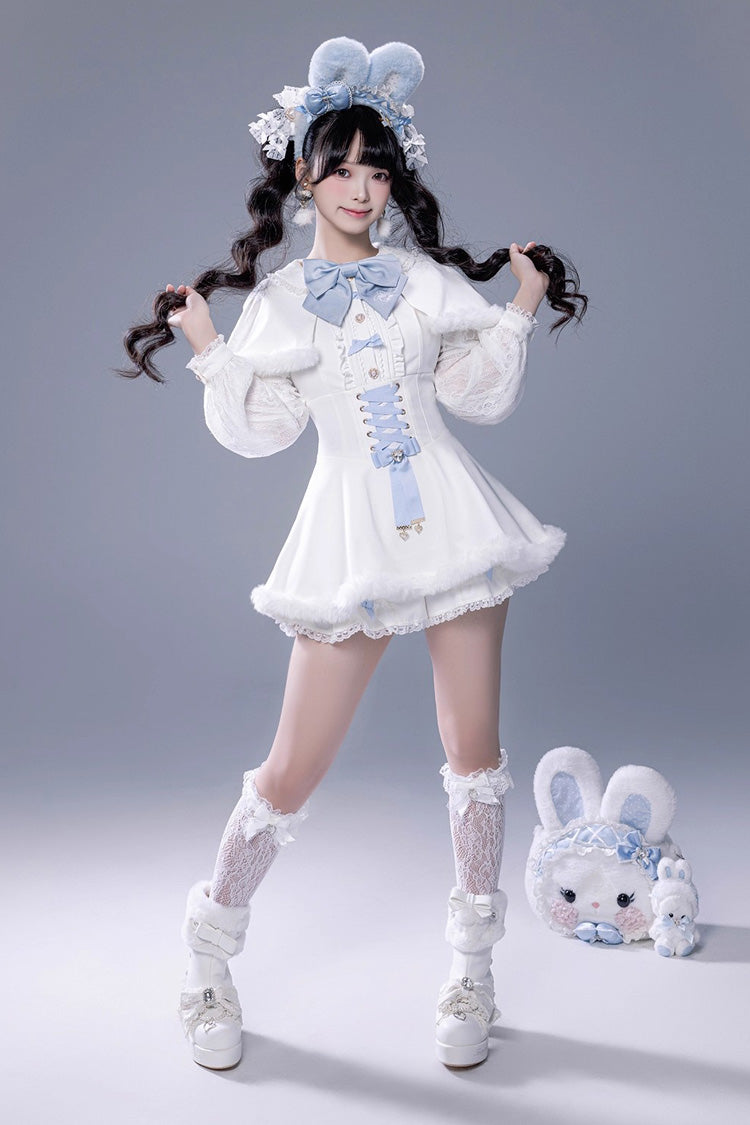 White Long Sleeve Ruffled Bow Lace-Up Jirai Kei Plush Set