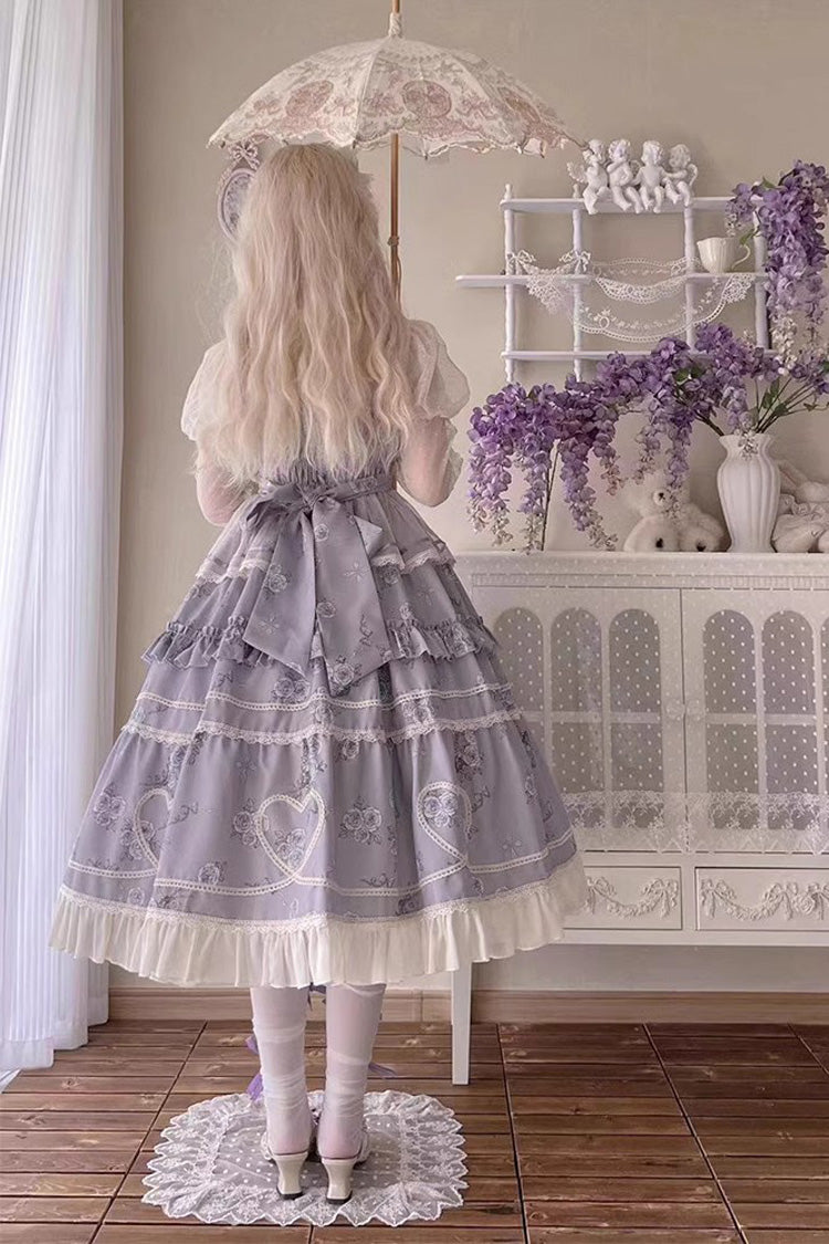 Rose Print Sweet JSK Dress with Puff Sleeves - Lolita