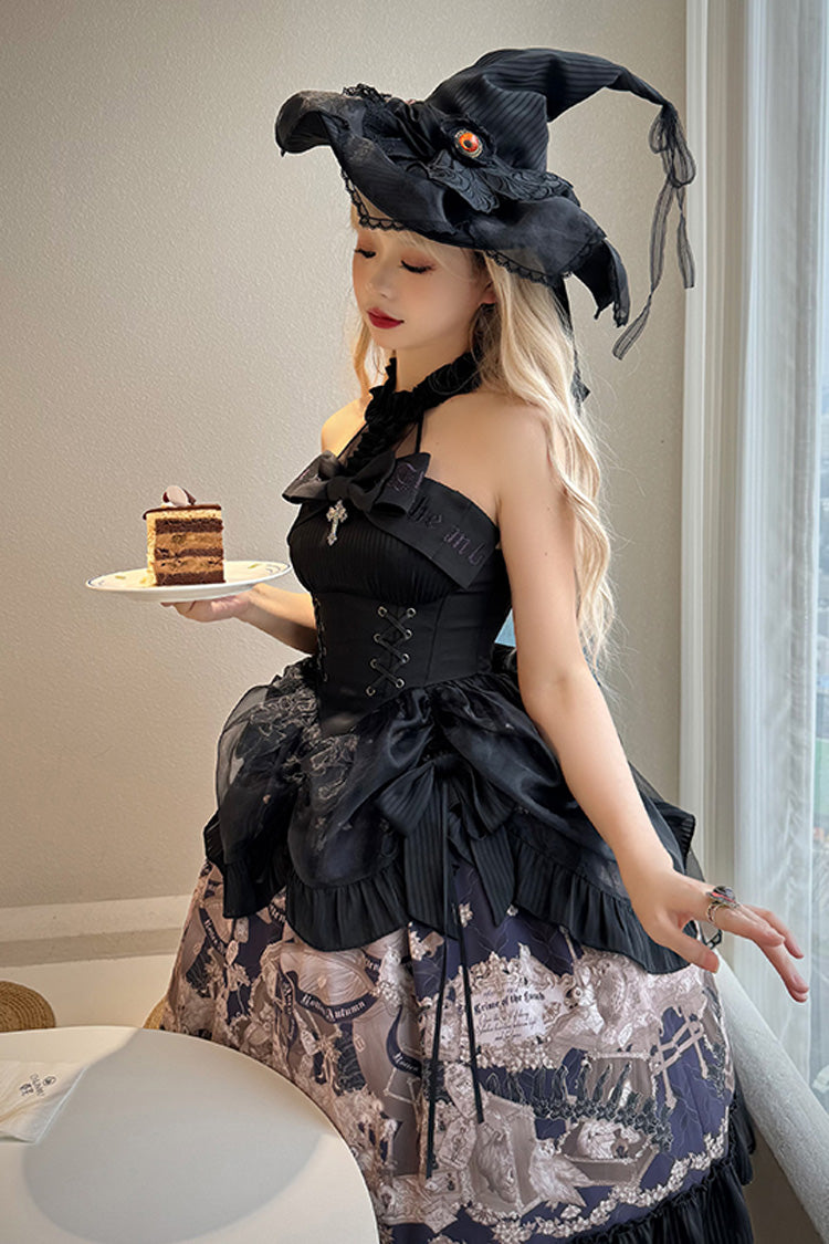 Black Halterneck Print Bowknot Drawstring Gothic Lolita Dress