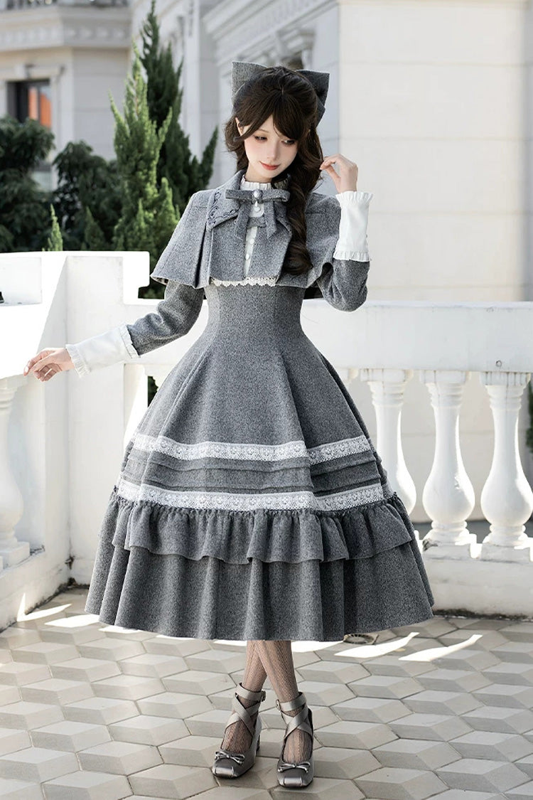 Ash Stand-Collar Ruffled Bow Lolita Gown with Poetry Motif