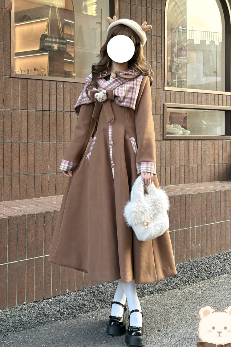 Single-Breasted Bow-Stitched Long-Sleeve Elegant Coat in 2 Colors - Cookie Mousse