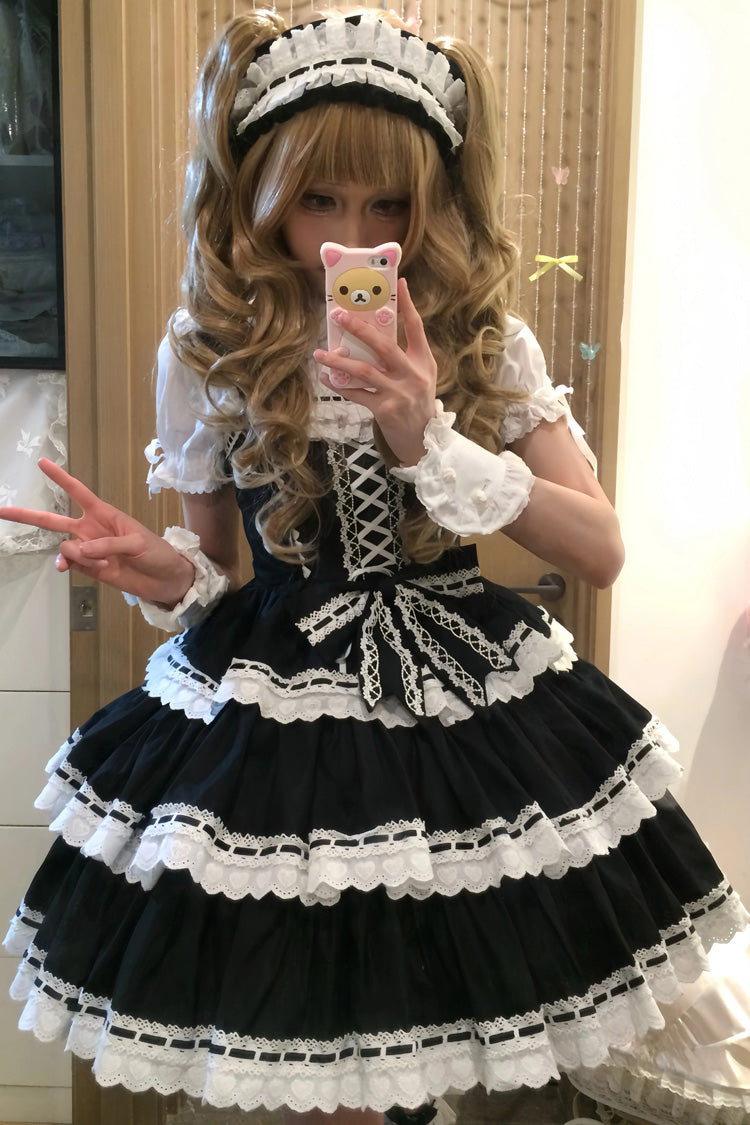 Black Maiden Heart Triple Layer Ruffle Bow Lace Sweet Jsk