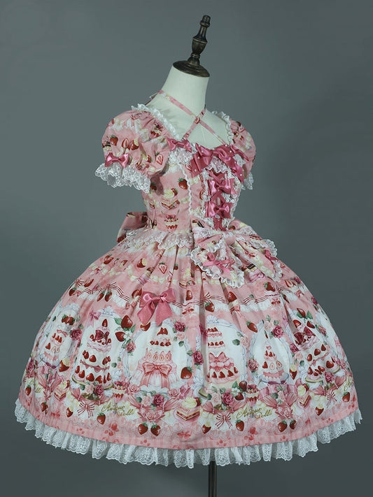 Print Strawberry Pink Sweet Accents Bow Set Full Dress Cake Lolita /