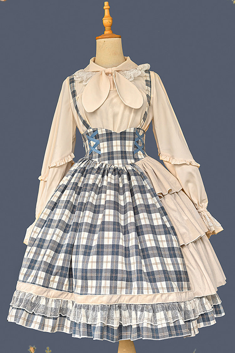 Sweet Lolita Strap Dress with Asymmetric Ruffle, High Waist, Grey/Blue Morning Tune