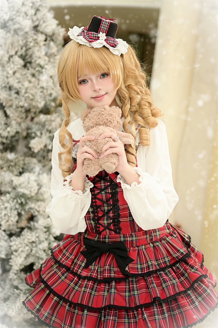Red Velvet Cake Triple-Layered Printed Ruffled Bow Lace-Up Gothic Elegant Jsk Dress