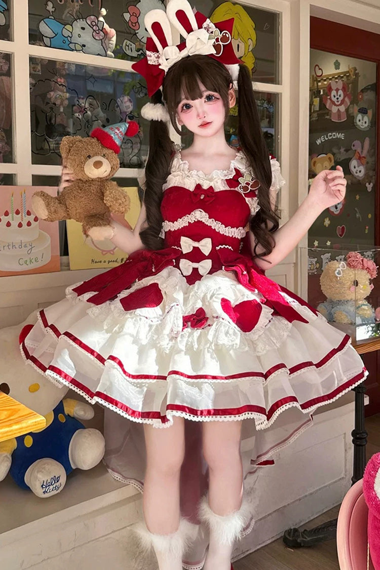 Scarlet Velvet Rabbit Sleeveless Multi-Layered Ruffled Bow Sweet Lolita Jumper Dress Set
